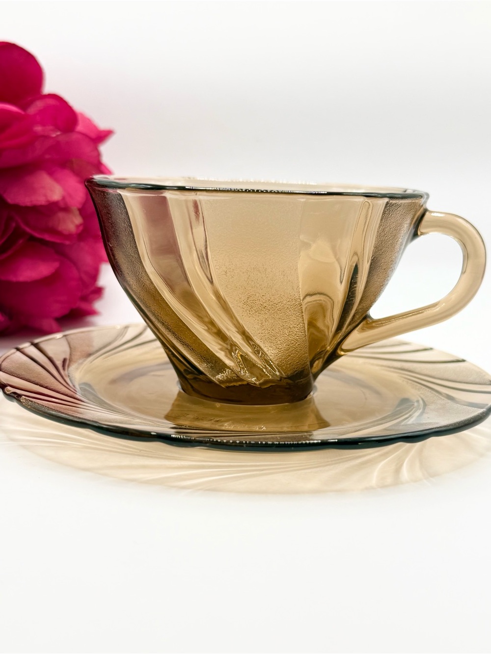 Vintage Vereco France Smoky Brown Glass Coffee/Tea Cup & Saucer Set, MCM French